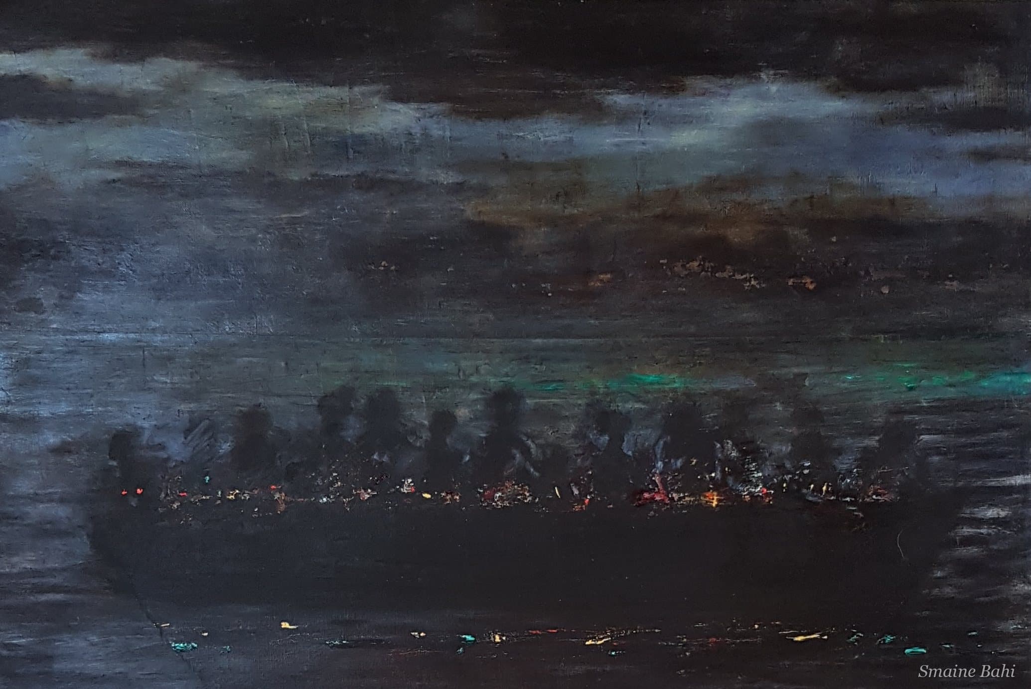 Die Odyssee – Ölgemälde 60 × 40 cm von Smaine Bahi, dunkles Boot mit schemenhaften Figuren und kleinen Lichtpunkten auf nächtlichem Meer
