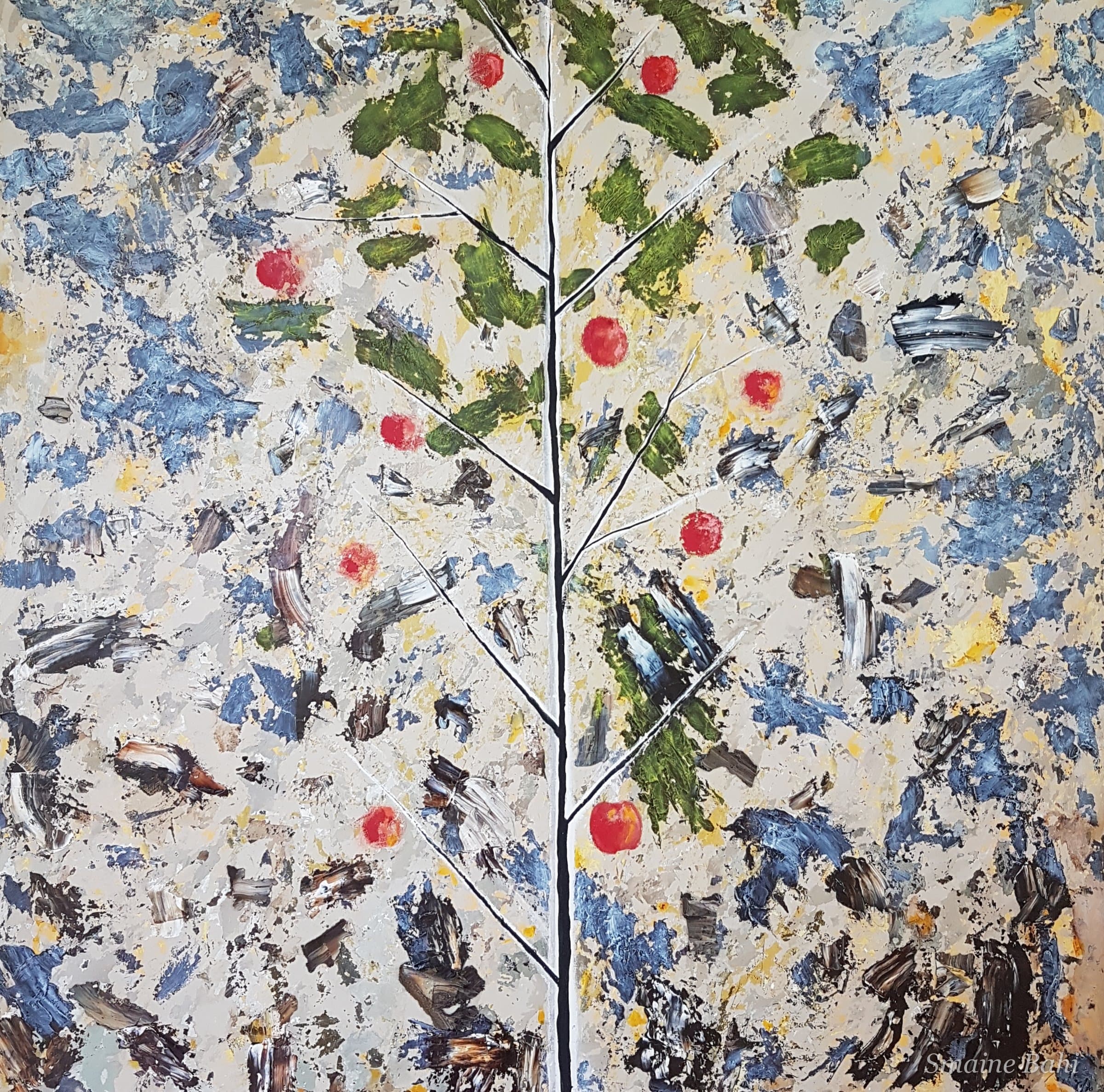 Obstbäume – Ölgemälde 120 × 120 cm von Smaine Bahi, schmaler schwarz-weißer Baumstamm mit grünen Blättern und roten Früchten vor pastosem blau-ockerfarbenem Grund