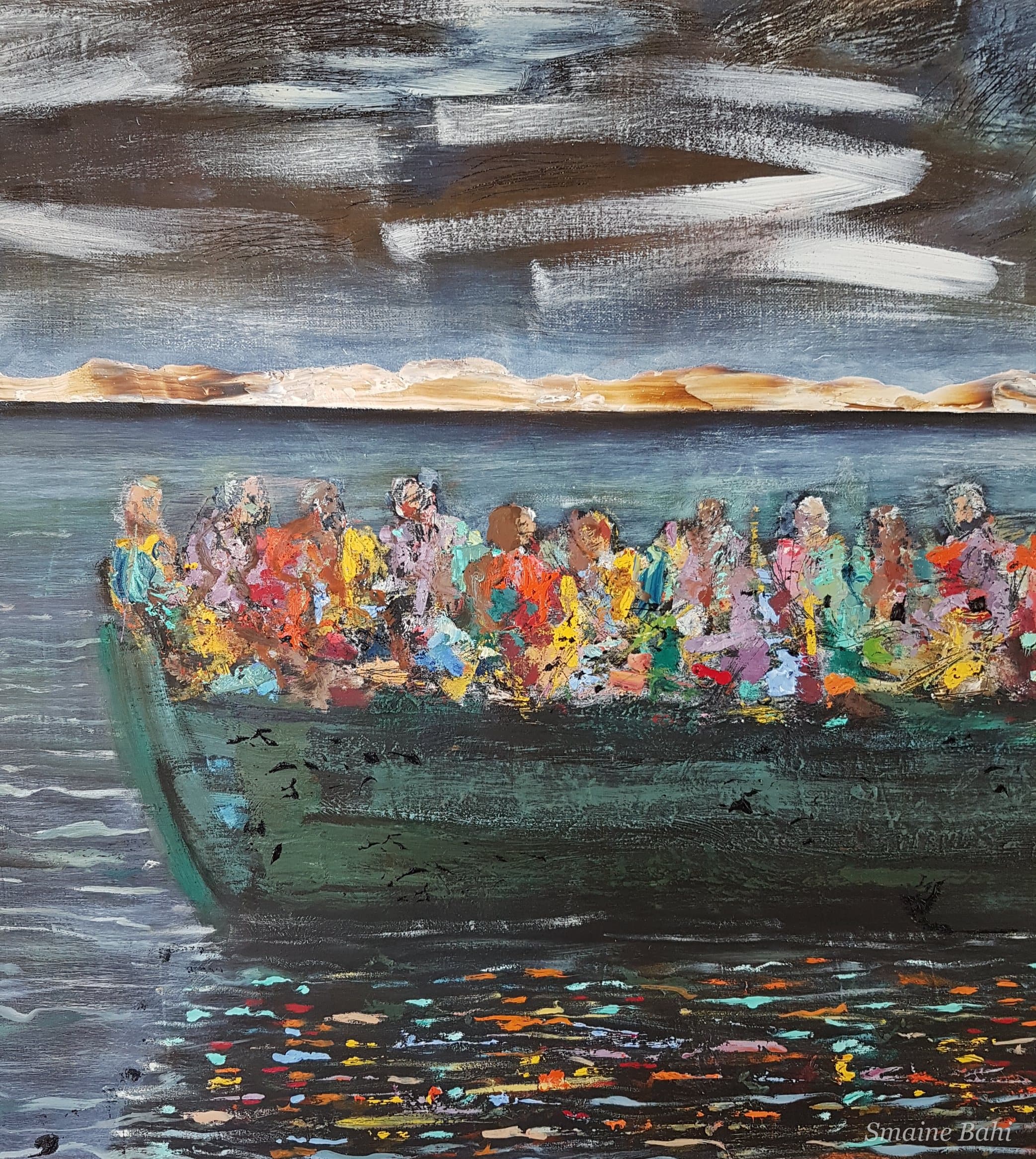 Saufgelage am Wasser, Detail – dicht gedrängte, pastos gemalte farbige Figuren in einem grünen Boot vor hellem Küstenstreifen